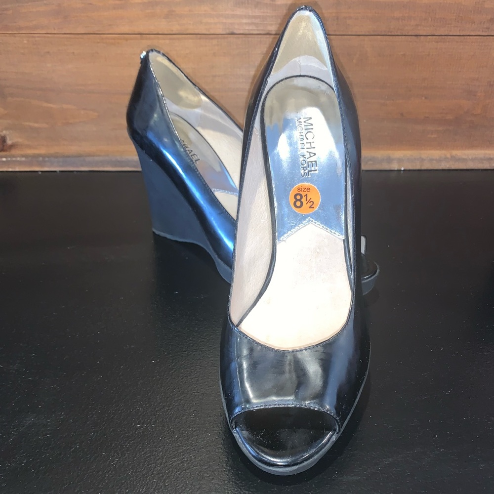 Michael Kors -Black Patent Leather Peep Toe Wedges